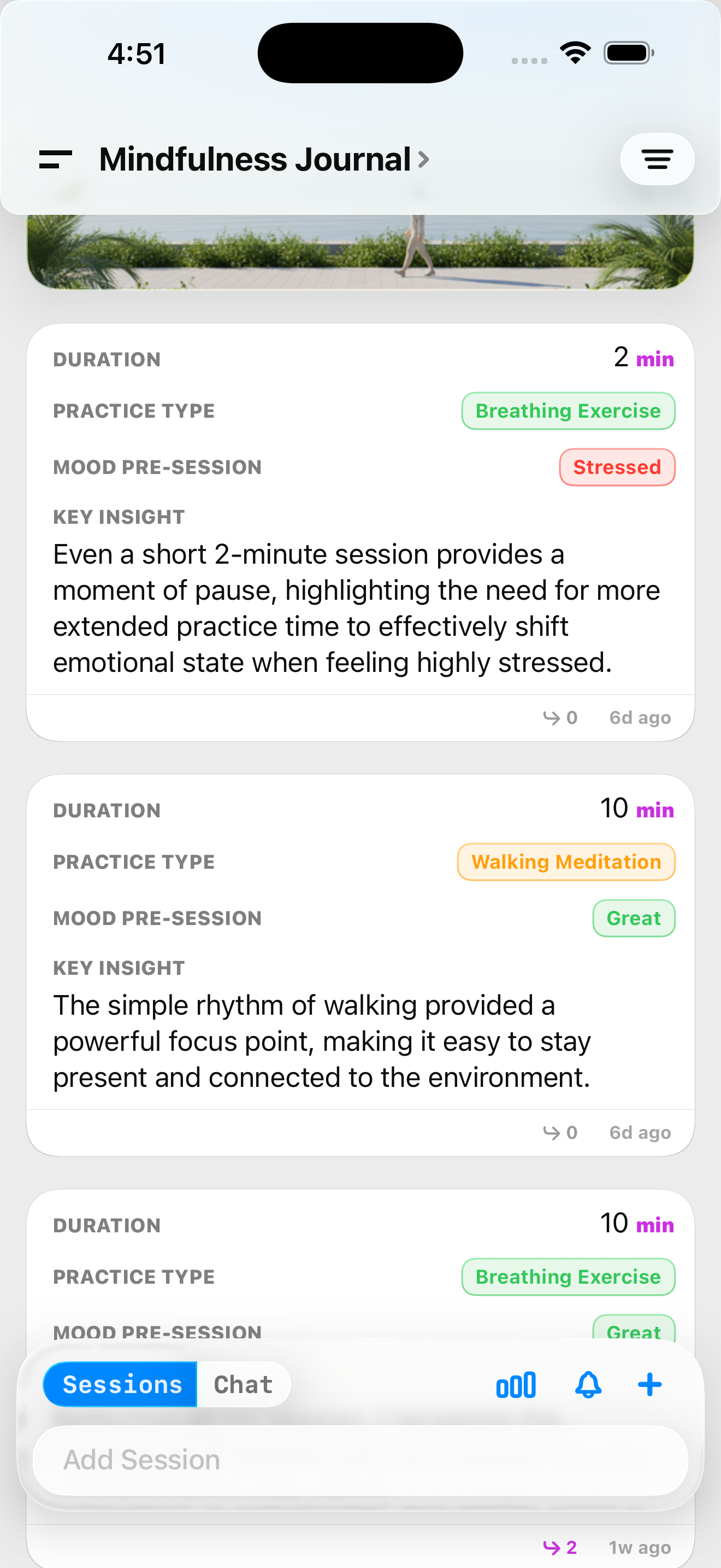 Mindfulness Journal tracking interface showing session details