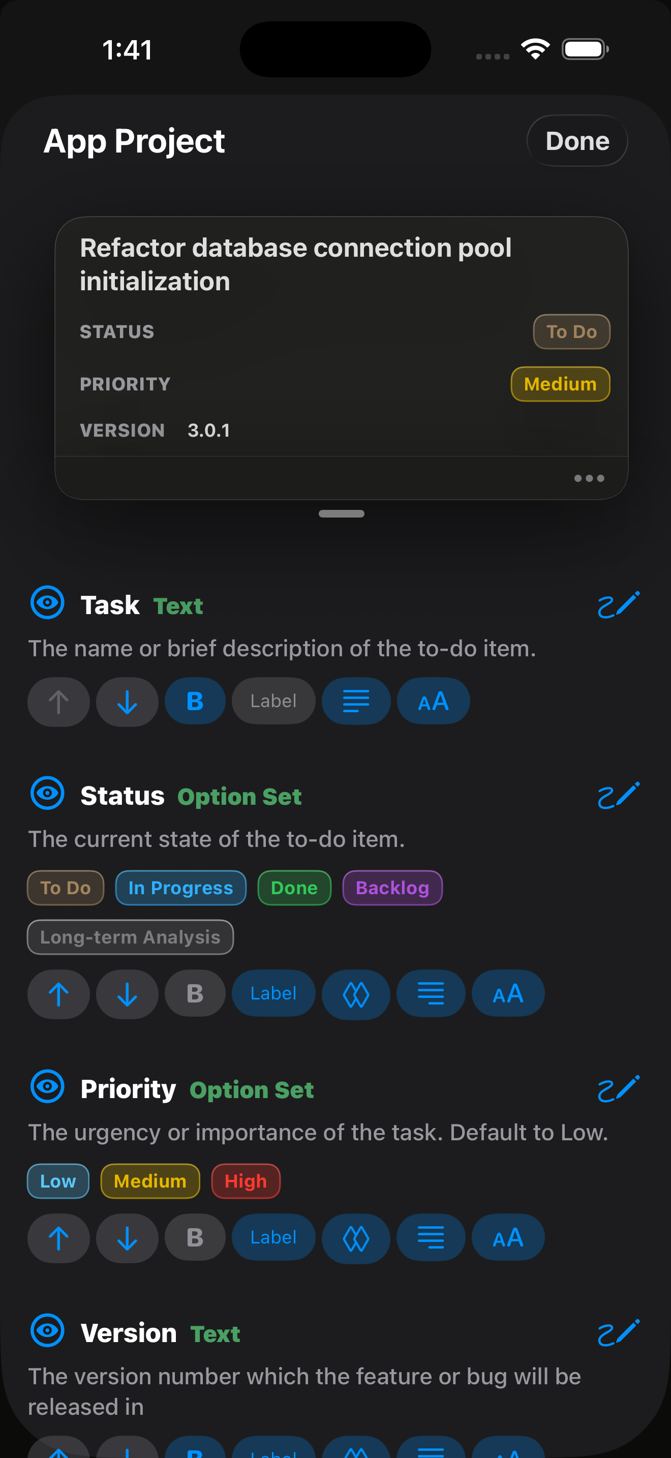 Project management edit interface for task management